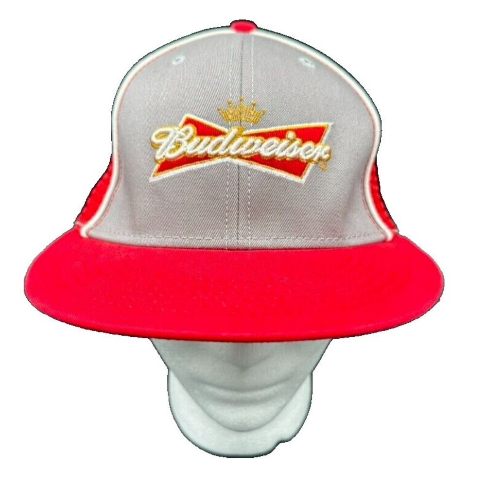 NEW Budweiser Embroidered Snapback Cap Red Gray Mesh King of Beers Crown Piping